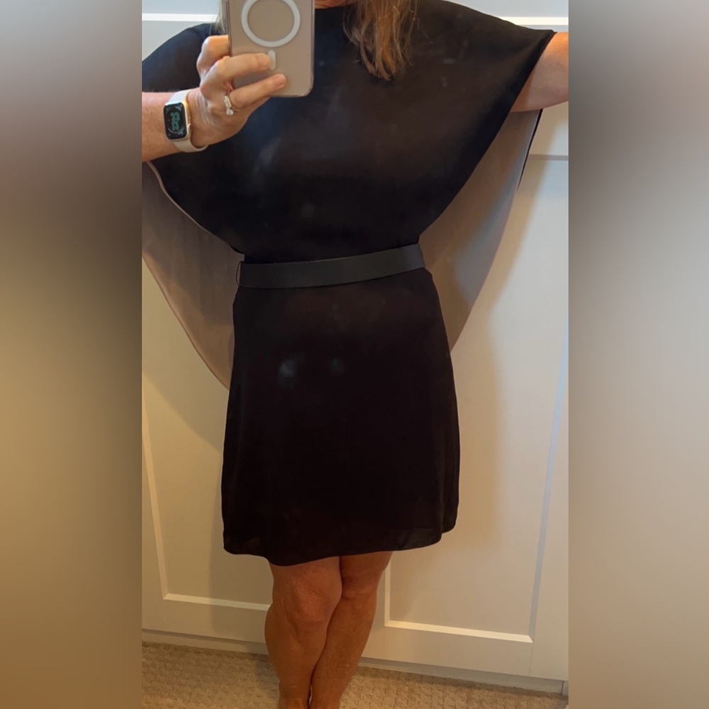 Halston Heritage black and tan/beige cape dress with belt